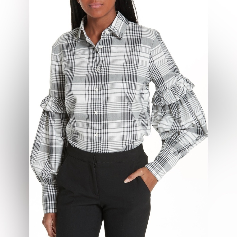 Robert Rodriguez Pauline Black and White Plaid Button Down Balloon Sleeve Top